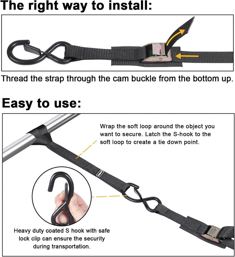 Ayaport Cam Buckle Tie Down Straps 12ft 1250lbs Break Strength 4 pcs Securing Straps with S Hooks for Motorcycle, Car, Truck, Dirt Bike - Image 3